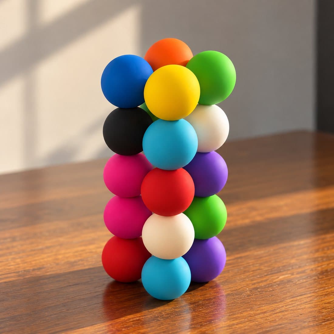 A tower built from Magic Fidgetz balls standing on a timber table