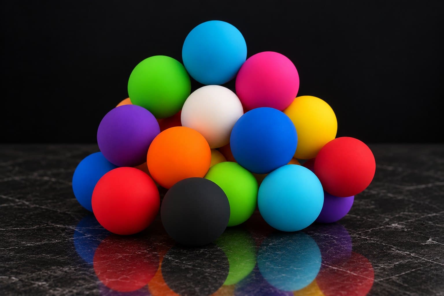A pile of matte Magic Fidgetz magnetic balls in red, blue, green, yellow, orange, pink, purple, cyan, white and black on dark marble