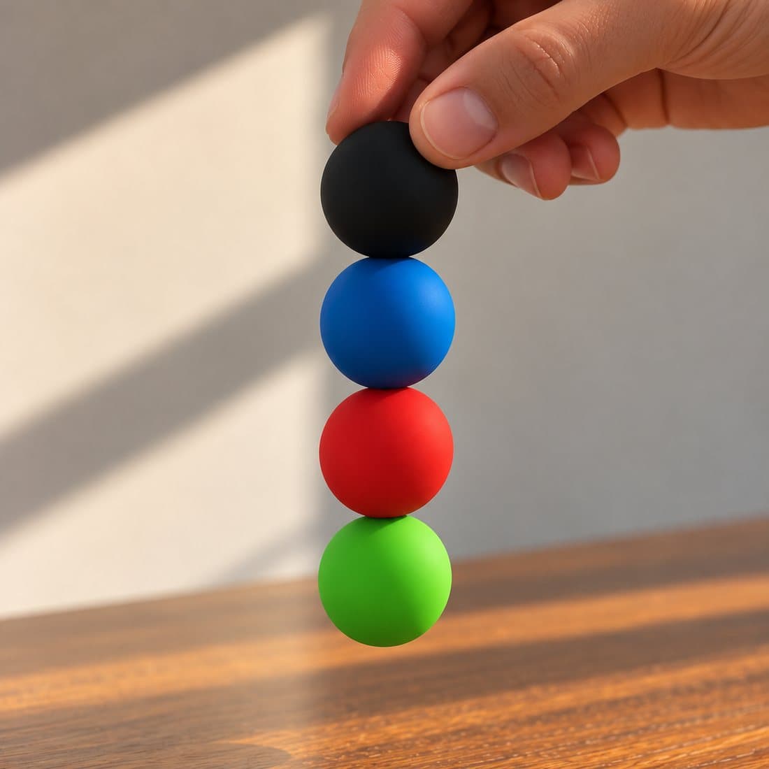 Four Magic Fidgetz balls hanging in a chain from one hand, held together by their magnets