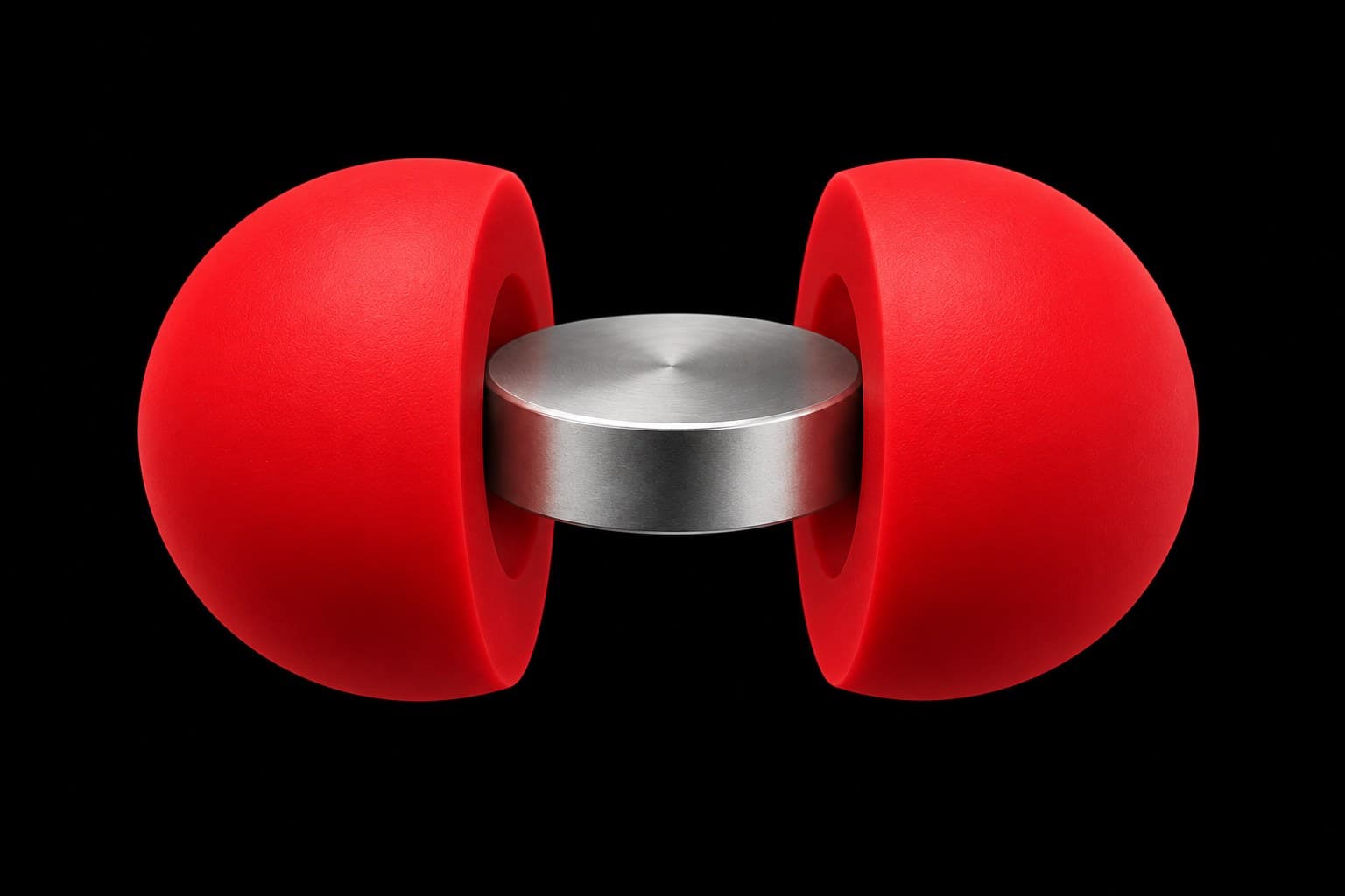 A red Magic Fidgetz ball split in two, exposing the disc magnet at its centre